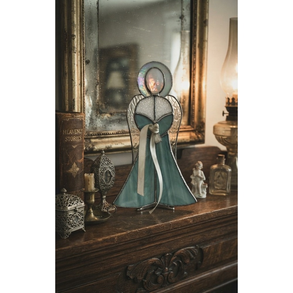 Stained Glass Angel Figurine Teal Blue Iridescent Angelic Presence Decor 8.5"
